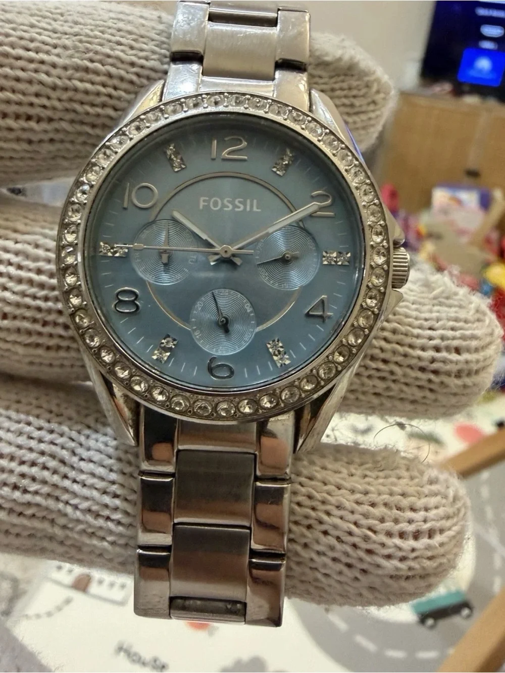 Fossil Riley ES3529 Watch Silver Stainless Steel Crystal Light Blue Dial Unisex
